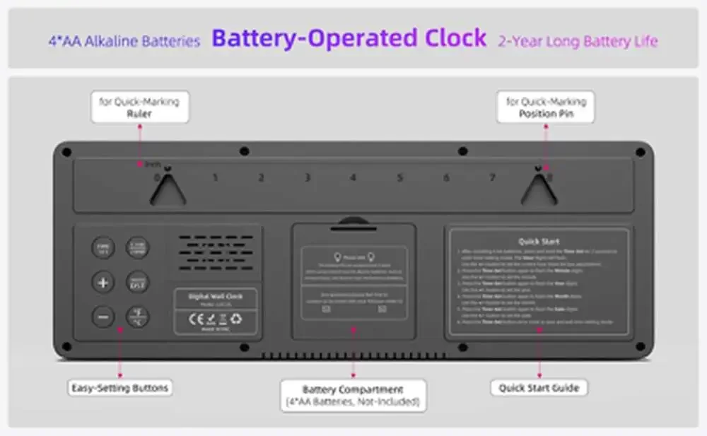 Digital Wall Clock 14 Inch Large Display Temperature Date DST Battery Operated